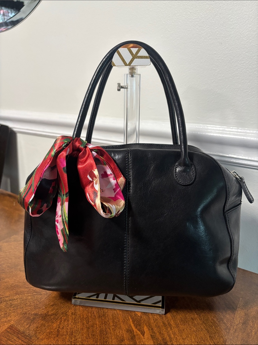 WILSON’S LEATHER Smooth Black Leather Double Top-Handle Satchel with Twilly- EUC - Picture 2 of 16